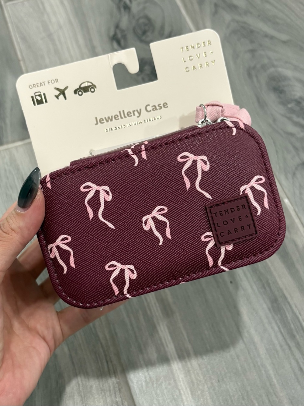 Tender Love & Carry Burgundy Jewelry Travel Case with Pink Bow Print